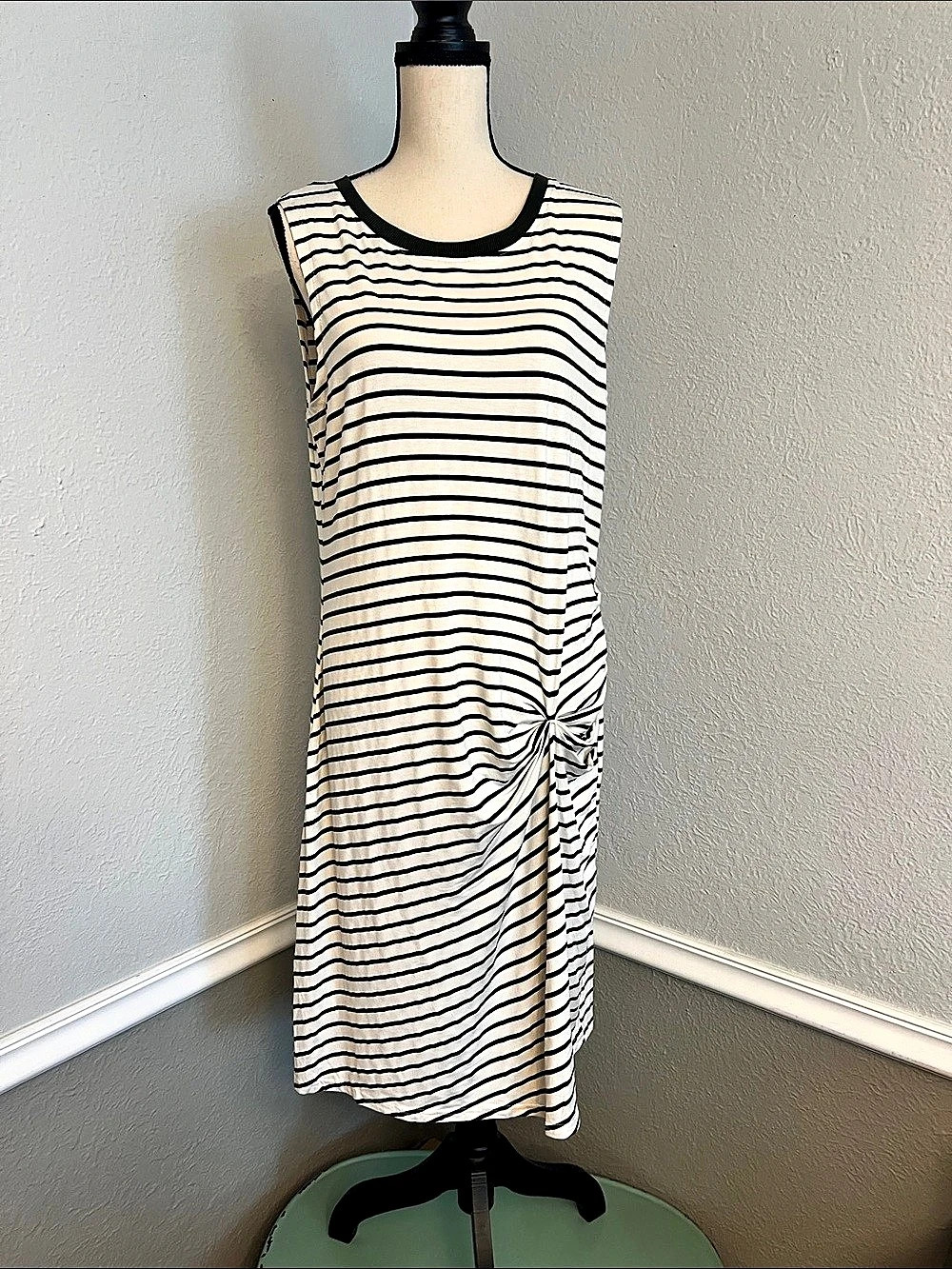 Just Be. Striped Ruched Midi Maternity Dress in White & Dark Green Size 1X